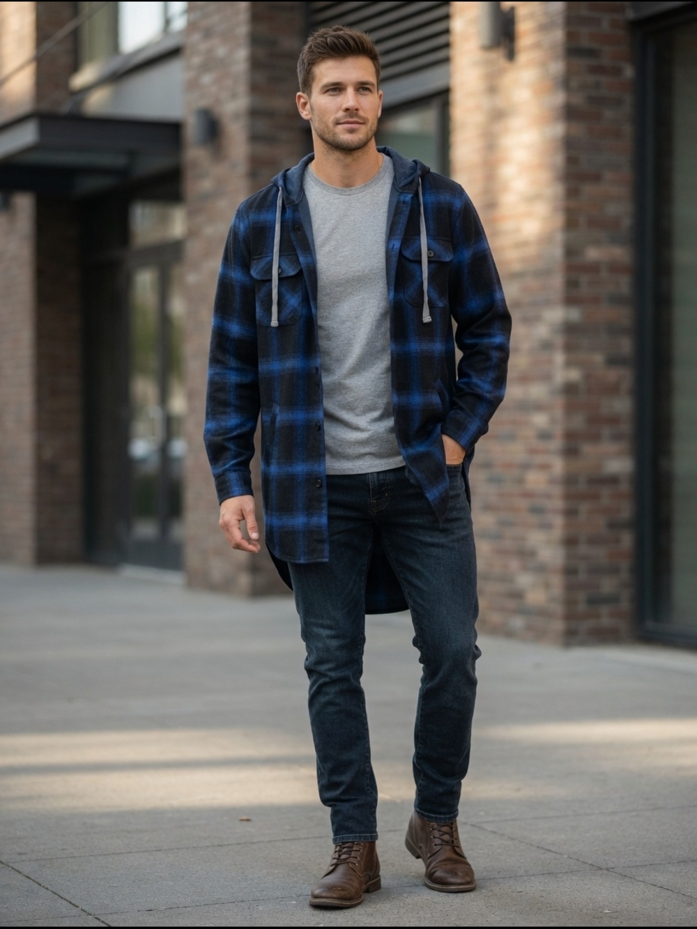 Grace Karin Blue and Black Plaid Hooded Shirt Jacket